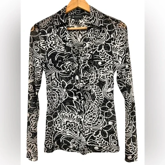 Vintage INC International Concepts Black Ruffle Neck Button Up Blouse Sheer Y2K - Picture 2 of 7